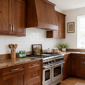 Cocina Americana Clásica Balom con Gabinetes de Madera Maciza Oscura, Tiradores de Cobre, Encimera de Mármol Blanco y <span class=keywords><strong>Estufa</strong></span> Profesional - Product Image 4