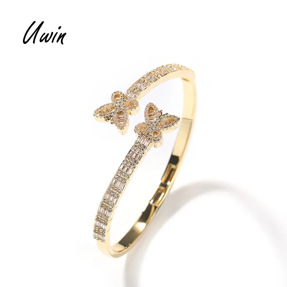 Iced Out Butterfly CZ Bangle Micro Pave bracciale di alta qualità placcatura in oro 18 carati Bling donna uomo braccialetti gioielli di moda