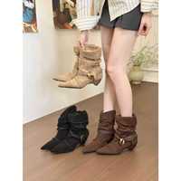 Bottines Rétro Maillard Élégantes en Daim à Bout Pointu, Mi-Mollet, avec Boucle Métallique, pour Femme, Collection Automne 2026, Couleur Unie, Talon Carré, Résistantes à l'Usure