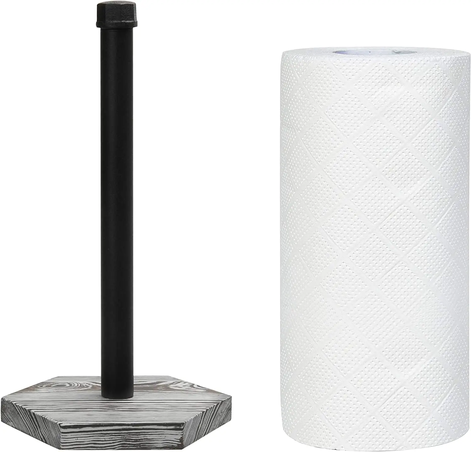 Porte-serviettes en papier industriel en métal noir avec Base en bois délavé gris, support distributeur de rouleaux d'essuie-tout