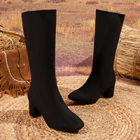 Bottes mi-mollet en daim noir pour femmes, bout carré, talon carré, fermeture éclair, bottes d'hiver, chaussures décontractées à la mode pour dames