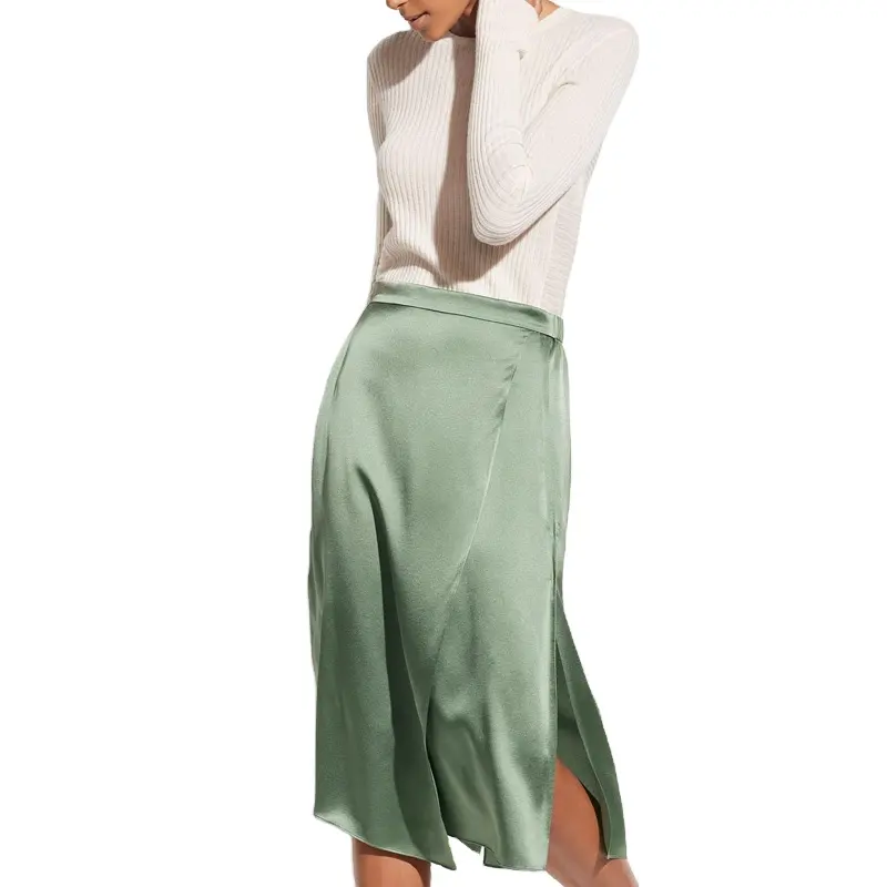 Midi Maxi High Waist Satin Skirt Women Elegant Silk A-Line Solid Vintage Ol Ladies Summer Long Skirts for Women