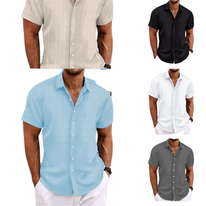 <span class=keywords><strong>HO</strong></span> nuova camicia da uomo in cotone tinta unita a maniche corte in lino stile europeo americano elegante e Casual chiusura monopetto lunga - Product Image 1
