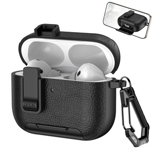 Étui pour <span class=keywords><strong>AirPods</strong></span> 4 avec support de téléphone, texture litchi, coque de protection de luxe avec interrupteur à pression automatique pour AirPod Pro 3/2 - Product Image 1
