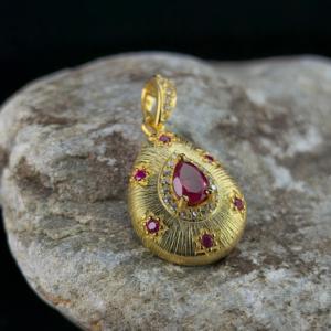 Nobile Ciondolo in Argento 925 Placcato Oro 18K con <span class=keywords><strong>Rubino</strong></span> Naturale Trattato per Riempimento in Vetro, Gioiello da Donna, Regalo per Anniversario - Product Image 5