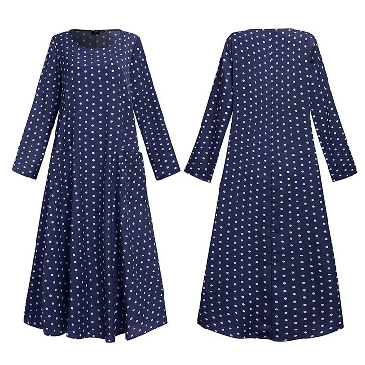 Women Bohemia Style Long Sleeve Frock Gown Girls Polka Dots Casual Clothes Female Streetwear Vintage Maxi Dress