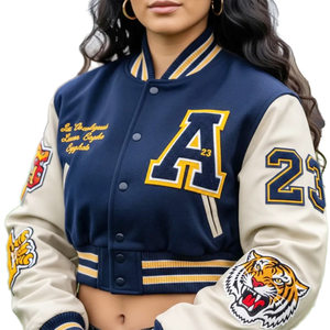 Custom Women's Cropped Varsity <b>Jacket</b> Embroidered Patchwork Sleeves Cotton Filling Windproof <b>Waterproof</b> OEM ODM Manufacturer - Product Image 1