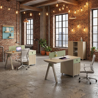 Poste de travail individuel moderne à pied en A avec armoire latérale de rangement en panneau de classe E1, écran de confidentialité vert, finition importée, bureau pour personnel durable