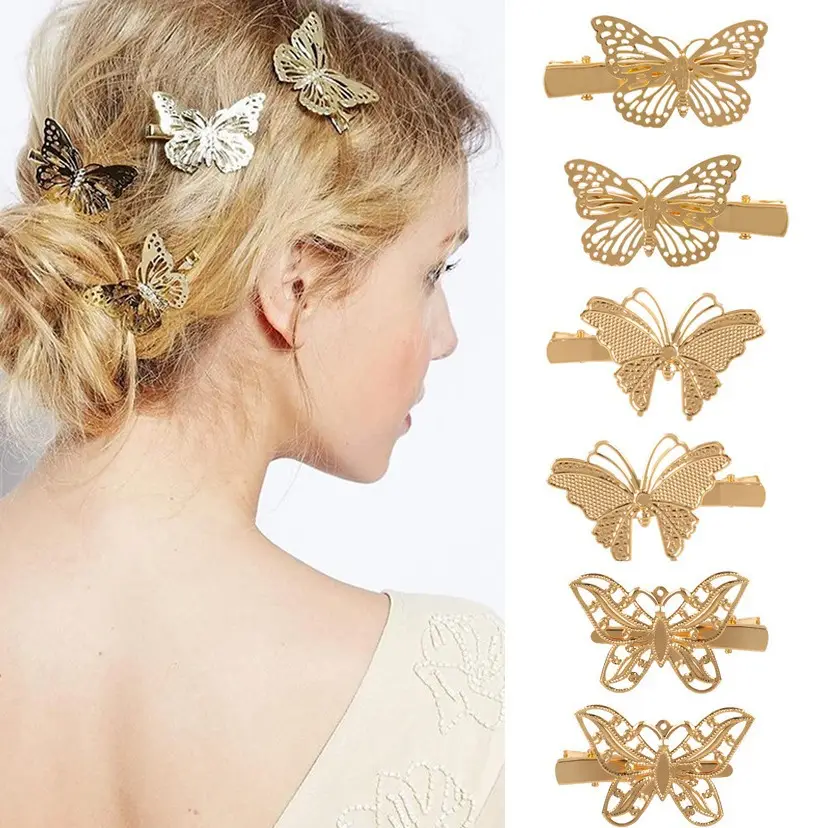 Grosir murah set klip rambut wanita aksesori rambut jepit rambut kupu-kupu berongga berlapis emas perak logam