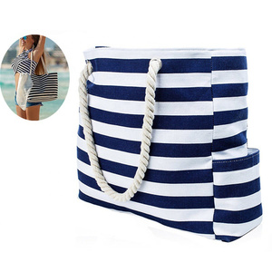 2023 poche étanche fermeture éclair grand été femmes toile rayé plage <span class=keywords><strong>sac</strong></span> fourre-tout avec fantaisie coton corde poignée - Product Image 4