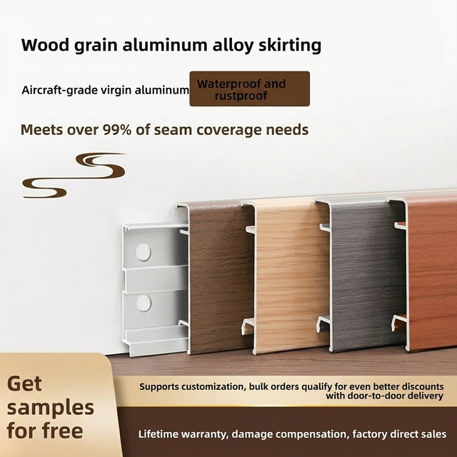 Wood Grain Aluminum Alloy Skirting Board Snap-on Baseboard Screw Fixed Wall Skirting Base Clip System Waterproof Hotel Apartment