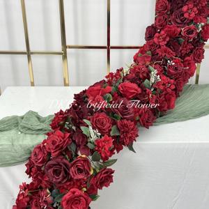 Chemin de table d'usine de fleurs artificielles en soie personnalisé de 10 pieds en soie rouge rose de luxe avec fleurs - Product Image 2