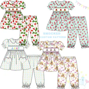 Puresun Butik Smocking Gaya Baru Gaun Anak Katun Poliester Bordir Semangka Baju Bayi Perempuan