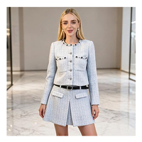 Ensemble tailleur femme 2 pièces en tweed avec veste courte à un bouton et strass, et mini-jupe ceinturée, pour le bureau ou les affaires, blazer à manches longues
