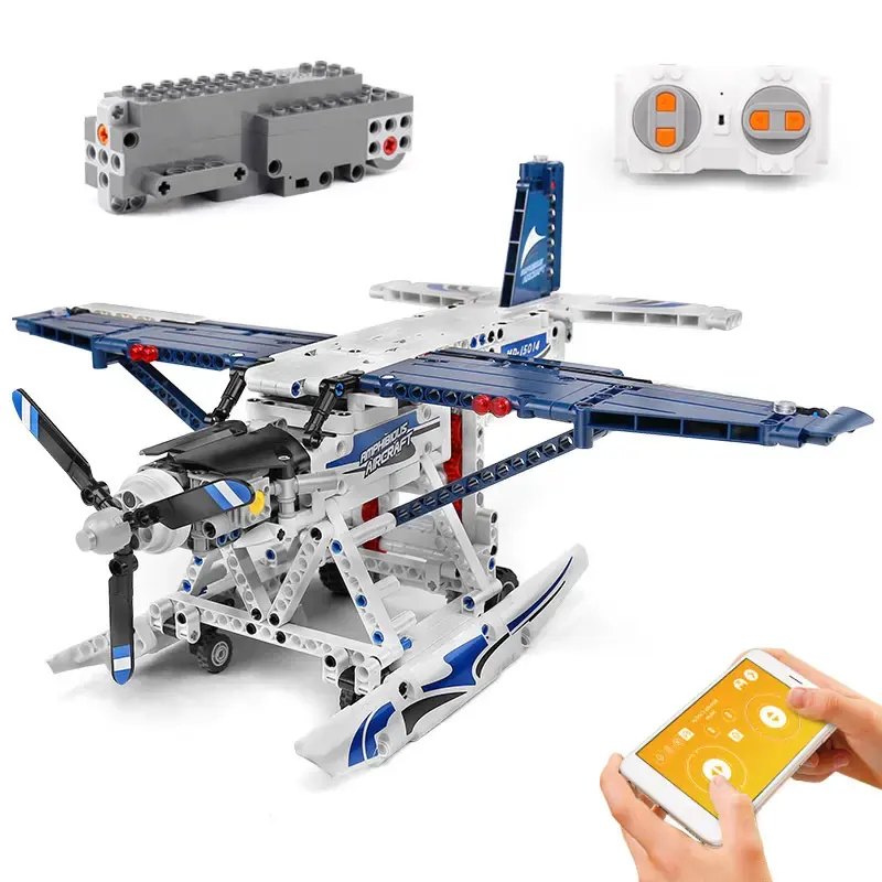 MOULD KING-avión anfibio motorizado por aplicación para niños, avión teledirigido, modelo de bloques de construcción, juguetes para niños, 15014