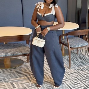 Women's Fall New Arrivals Fashionable Sexy <b>Patchwork</b> Strappy Crop <b>Top</b> Wide-Leg Pants Striped Casual 2-Piece Set Fashion - Product Image 3