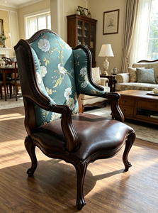 Two Tone Wingback Solid Wood Accent Chair Floral Jacquard Fabric <b>Dark</b> Brown PU Rivet Trim Cabriole Leg Living <b>Room</b> Armchair - Product Image 5