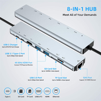 Hub USB C 8 en 1, type C vers USB 3.0, adaptateur de charge PD 100W, adaptateur RJ45 LAN, 4K HDTV pour ordinateurs portables de type C