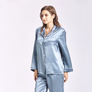 Custom 16/19/<strong>22</strong> Momme 100% Silk Pajamas Long Sleeves V-neck Silk <strong>Pyjamas</strong> Women Misty Blue Organic Silk Sleepwear Set - Product Image 4