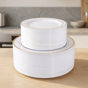 Assiettes jetables modernes en plastique doré durable, 102 pièces, pour fêtes et mariages, tailles 10,25 po (dîner) et 7,5 po (dessert/apéritif), moulées par injection - Product Image 3