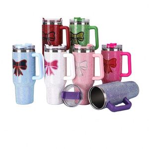 Wholesale <b>Large</b> Capacity 40Oz Butterfly Diamond-Inlaid Ice Bucket Travel Car Vacuum Thermos Tumbler <b>Cup</b> Mug With Handle Straw - Product Image 1