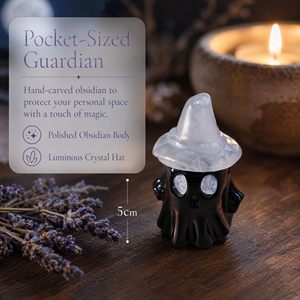 Obsidian Ghost Crystal Carving with Blue Aventurine <b>Witch</b> Hat, Hand‑Carved Natural Stone Spooky Ghost Figurine, Halloween Crysta - Product Image 4