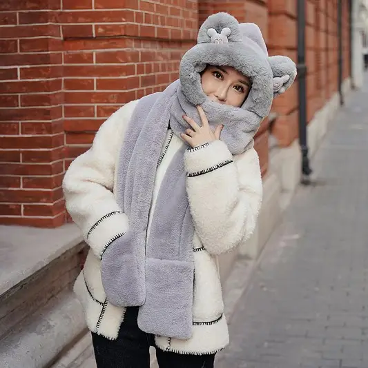 Faux Fur Soft Scarf Hat Glove 3-piece integrated cap Cute Ear Bunny Parent-child Hat Winter Warm Thickening Pocket Hat Hooded