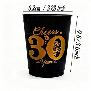 Lot de 12 gobelets de fête pour 30e anniversaire, noirs et dorés, gobelets en plastique « Longue vie aux années » pour célébration - Product Image 3