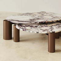 Table basse moderne convertible en marbre style crème italien avec finition en acier inoxydable et verre pour salon