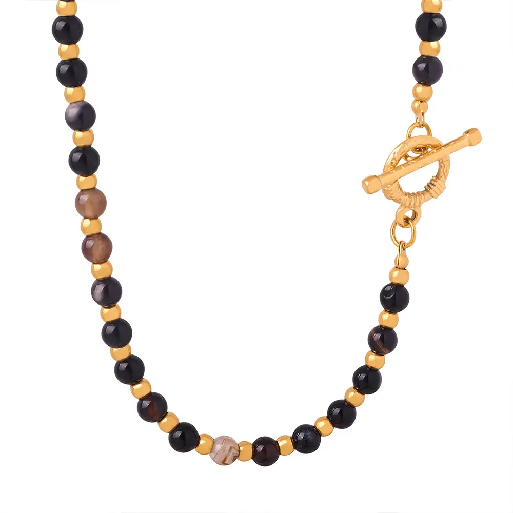 Wasserdicht 18k Gold plattiert Edelstahl Mode-Schmuck-Halsketten Ot Schnalle natürliche schwarze Achat-Stahl Perlen-Halskette für Damen