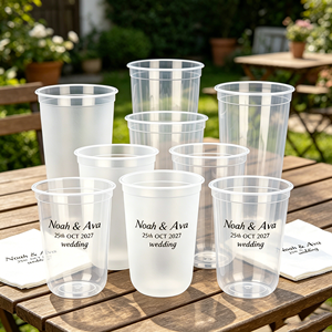 Vasos de Plástico Transparente de 300 ml con Logotipo Personalizado y Servilleta, Vasos Desechables Elegantes con Borde Decorativo para Fiestas, Bodas y Eventos, 9 Onzas - Product Image 1