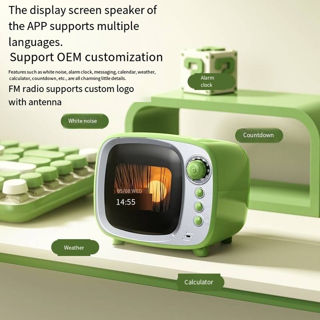 Retro TV Style Smart  Speaker with Display, AI, Subwoofer, Alarm Clock & White Noise, APP Control
