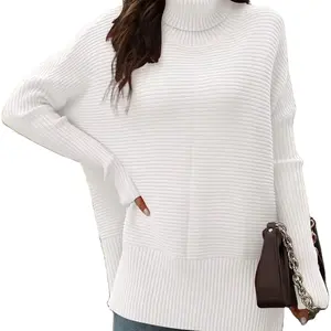 OEM Customizable Oversized Turtleneck Knitted Pullover Sweater for Women Winter Cozy Sweaters with Ruffles and Pockets Decor