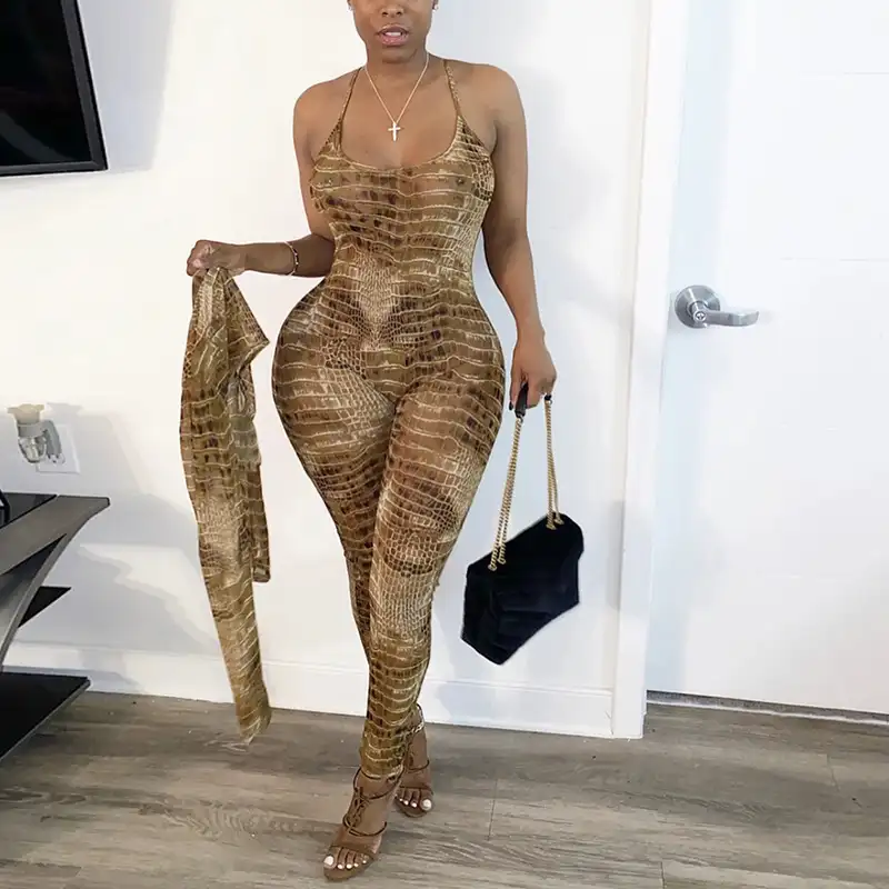 2021 Trending Jumpsuit Women Khaki Brown Camo Two Piece Set Jumpsuits Knitted Snake Print Halter outfits casual tracksuits