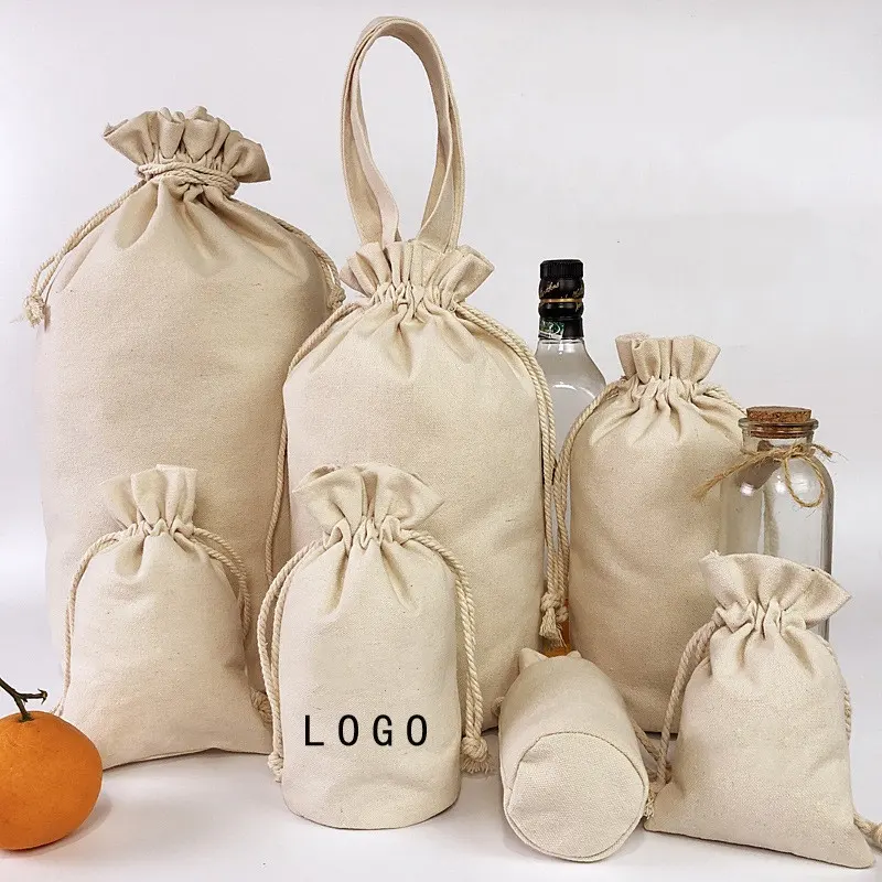 Custom Natural Canvas Drawstring Couch Round Bottom Drawstring Bag Handheld Cotton Hemp Bag Cosmetic Clothes Gift Bag