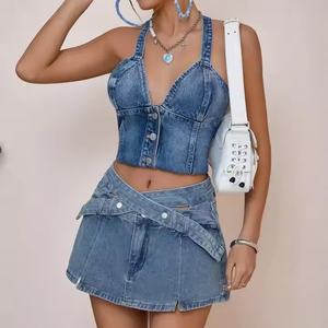 Nouvel Arrivage – Ensemble en Jean Femme de Haute Qualité : Crop Top Sexy à Bretelles et Mini-Jupe Évasée en Denim Délavé Effet Acide - Product Image 1