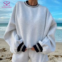Sweat-shirt à col rond pour femme en molleton 100% coton de haute qualité, avec ourlet et poignets rayés roses, coupe ample, style décontracté