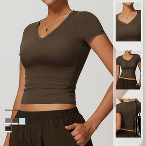 2024 Camisetas básicas ajustadas de alta calidad para mujer, camisetas de <span class=keywords><strong>Yoga</strong></span> con logotipo personalizado, camiseta negra de Spandex para mujer, camisetas de gimnasio, camiseta Sexy ajustada - Product Image 2