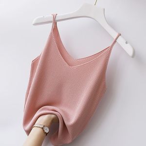 T-shirt de base pour femme en soie glacée, col en V, sexy, coupe courte, tricoté côtelé, tendance - Product Image 4