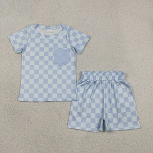 Vêtements pour bébés garçons, haut à poches à carreaux bleus, short, ensembles de pyjamas - Product Image 1