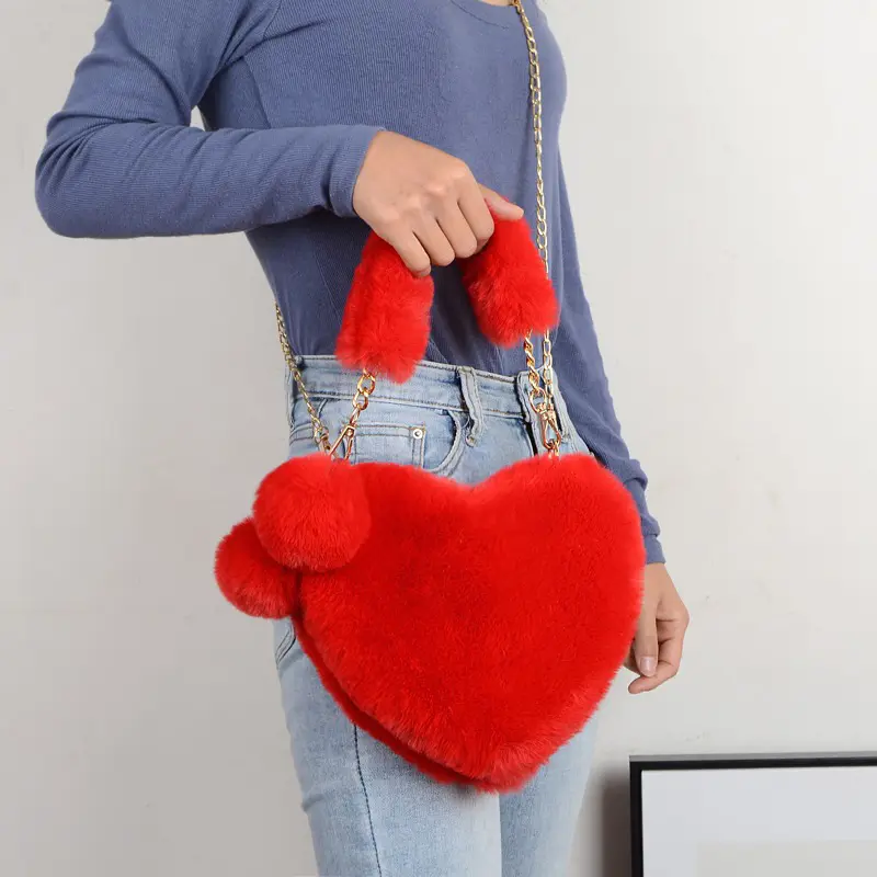 Cute Plush Pouch Fur Handbag Sweet Beauty Heart Shape purses and handbags Set Luxury Rabbit handbags for women