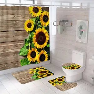 Custom flower sunflower polyester waterproof digital printed 3d shower curtain set with non-slip rugs and bath mat