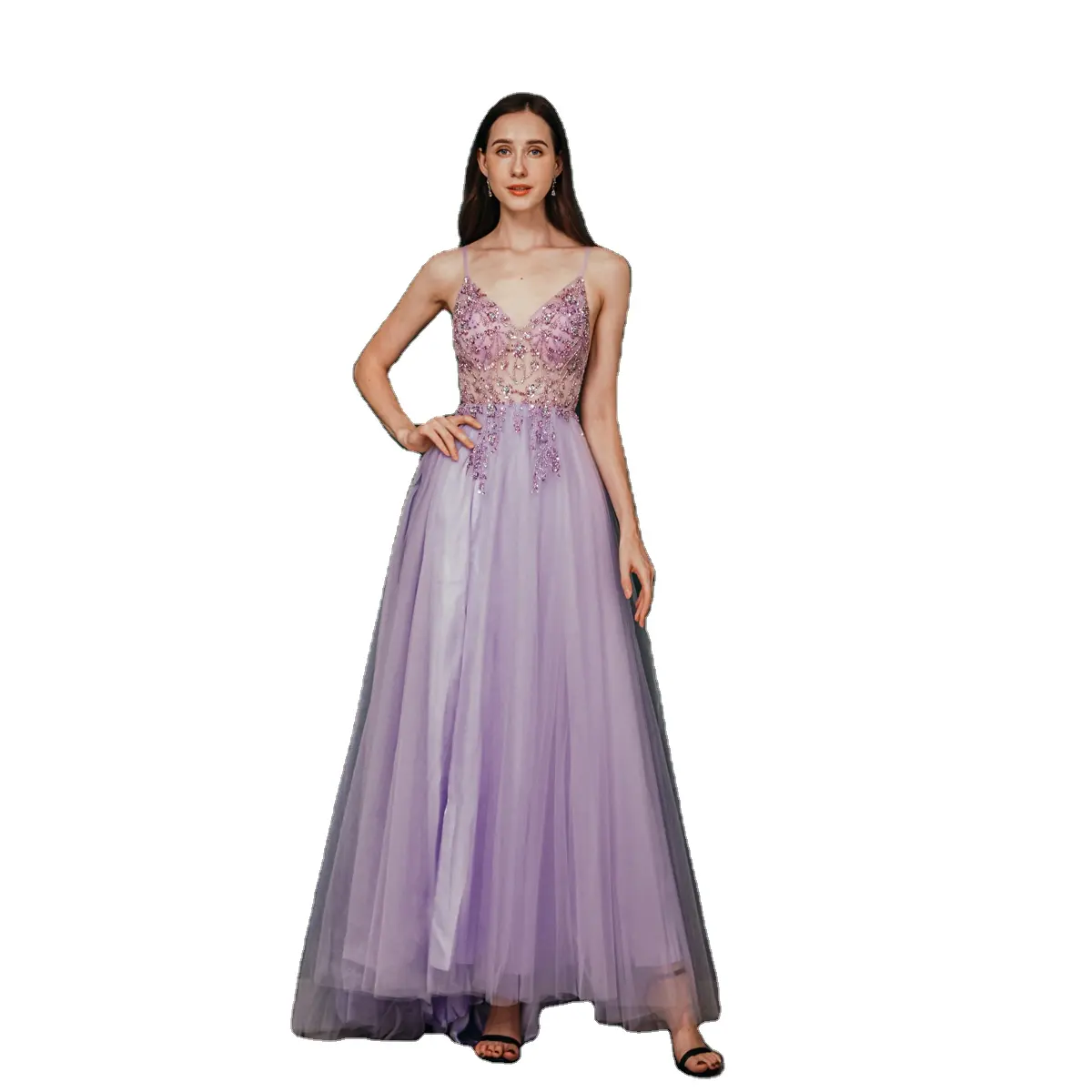 Purple Women/Lady V Neck Colorful Diamond A Line Sexy Party Skirts Wholesaler Bridesmaid Dresses With Slit