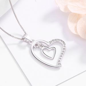 925 Sterling <b>Silver</b> Double <b>Heart</b> Women's <b>Necklace</b> Rhodium Plated with Pave Zircon Stone Trendy Style for Wedding Engagement Gift - Product Image 5