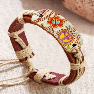 Pulsera Retro de gran oferta, de estilo étnico parche de transferencia de calor, símbolo de la paz, color de tótem, pulsera de cuero genuino para hombres y mujeres - Product Image 2