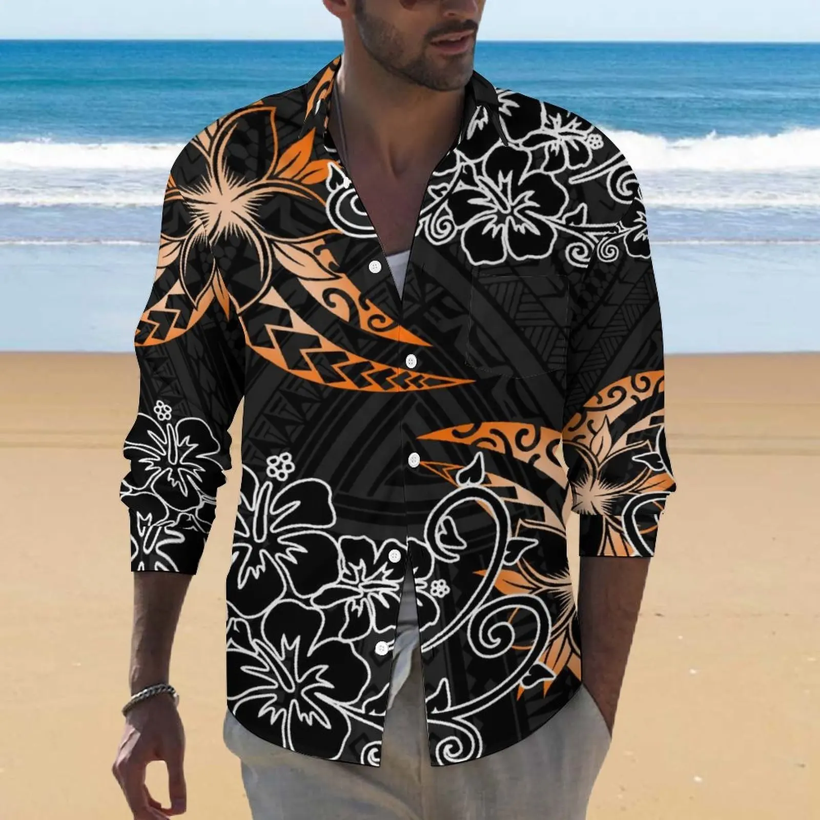 블랙 퍼시픽 아일랜드 tropicla 꽃 프린트 여름 비치 셔츠 남성 폴리네시아 부족 디자인 옷깃 버튼 브랜드 뉴 셔츠