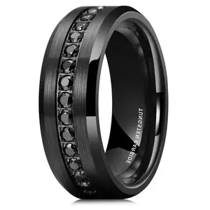 Europe and the United States 8MM Inner Ball Surface Brushed Micro-inlaid Zircon Black Plated Tungsten Carbide Ring