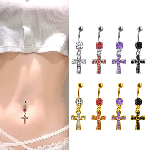 Zircon Cross Implant Grade Surgical Steel Belly Button Piercing Fashion Floating Navel Rings for Women Body Piercing Jewelry