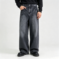 Jean Wave Pocket pour homme, denim délavé bleu marine foncé, coupe ample à jambe large, taille non finie, cinq poches, pour un usage quotidien
