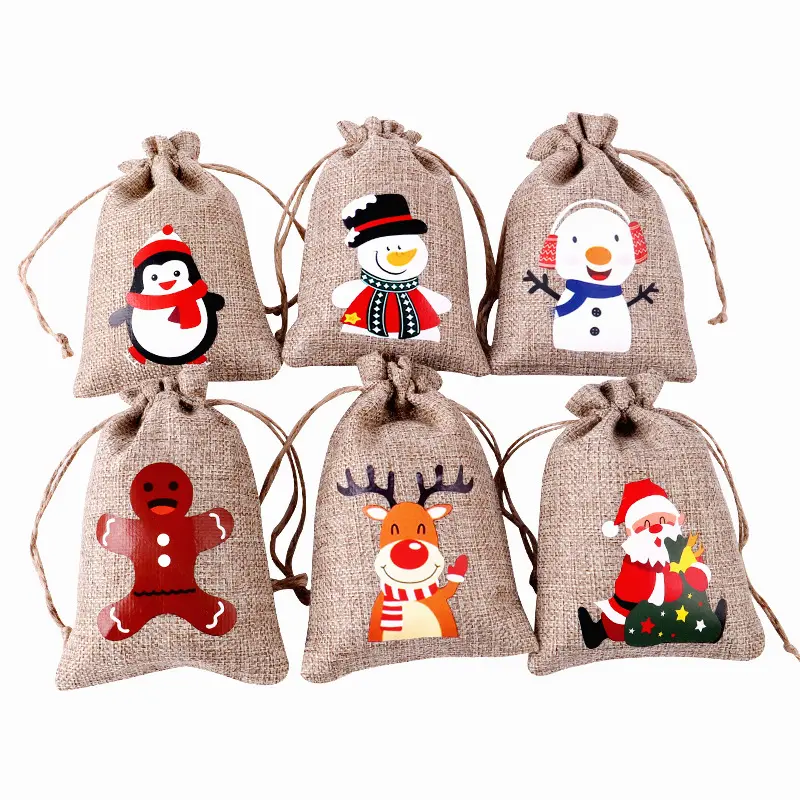 2024 사용자 정의 로고 6x4 "천연 황마 산타 눈사람 순록 크리스마스 트리 drawstring 저장 가방 도매 음식 선물